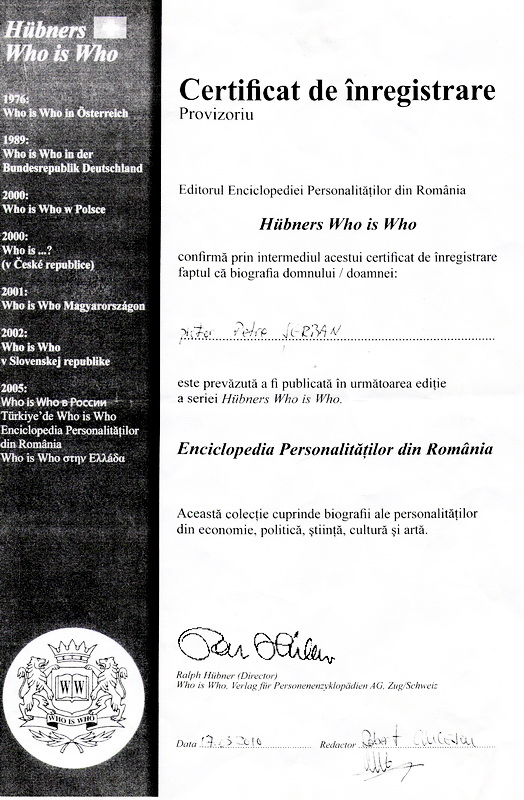 Petre SERBAN - Certificat de inregistrare in editia pe 2010 a Hubners Who is Who